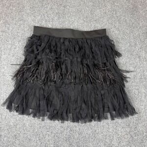 See You Monday Black Mesh Fringe Ostrich Feather Tiered Mini Skirt Small NWT
